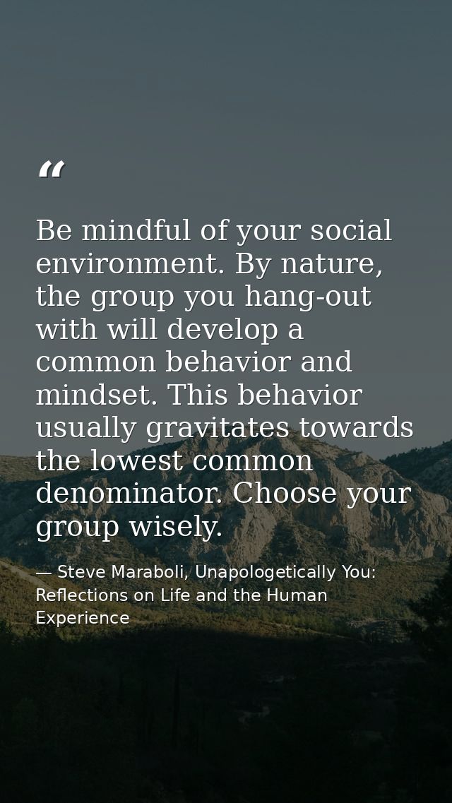 Be mindful of your social environment. By nature, the group you hang-out with will develop a common behavior and mindset — Steve Maraboli, Unapologetically You: Reflections on Life and the Human Experience