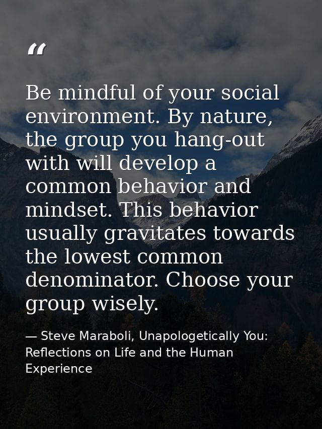 Be mindful of your social environment. By nature, the group you hang-out with will develop a common behavior and mindset — Steve Maraboli, Unapologetically You: Reflections on Life and the Human Experience