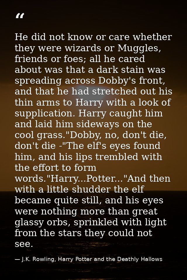 He did not know or care whether they were wizards or Muggles, friends or foes; all he cared about was that a dark stain  — J.K. Rowling, Harry Potter and the Deathly Hallows