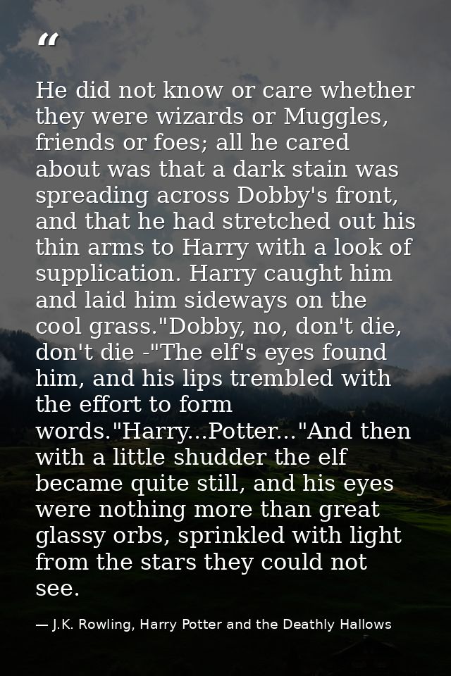 He did not know or care whether they were wizards or Muggles, friends or foes; all he cared about was that a dark stain  — J.K. Rowling, Harry Potter and the Deathly Hallows