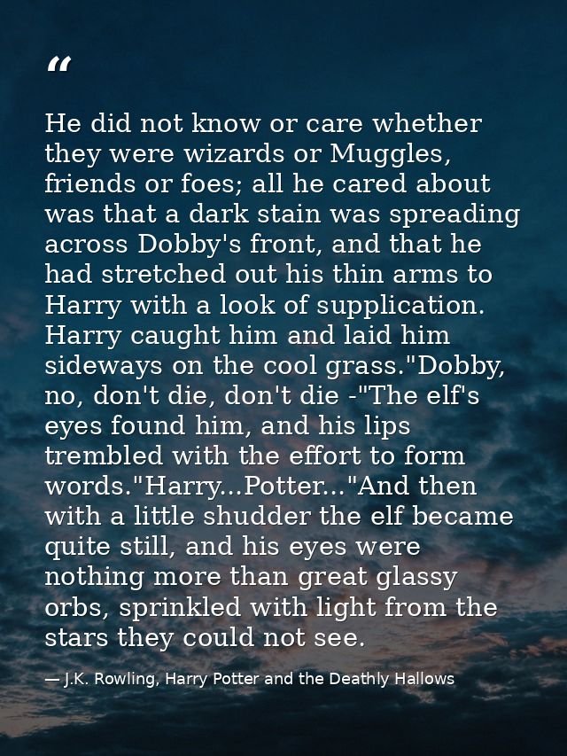 He did not know or care whether they were wizards or Muggles, friends or foes; all he cared about was that a dark stain  — J.K. Rowling, Harry Potter and the Deathly Hallows