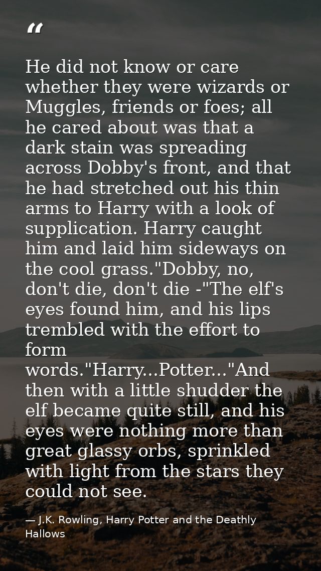 He did not know or care whether they were wizards or Muggles, friends or foes; all he cared about was that a dark stain  — J.K. Rowling, Harry Potter and the Deathly Hallows