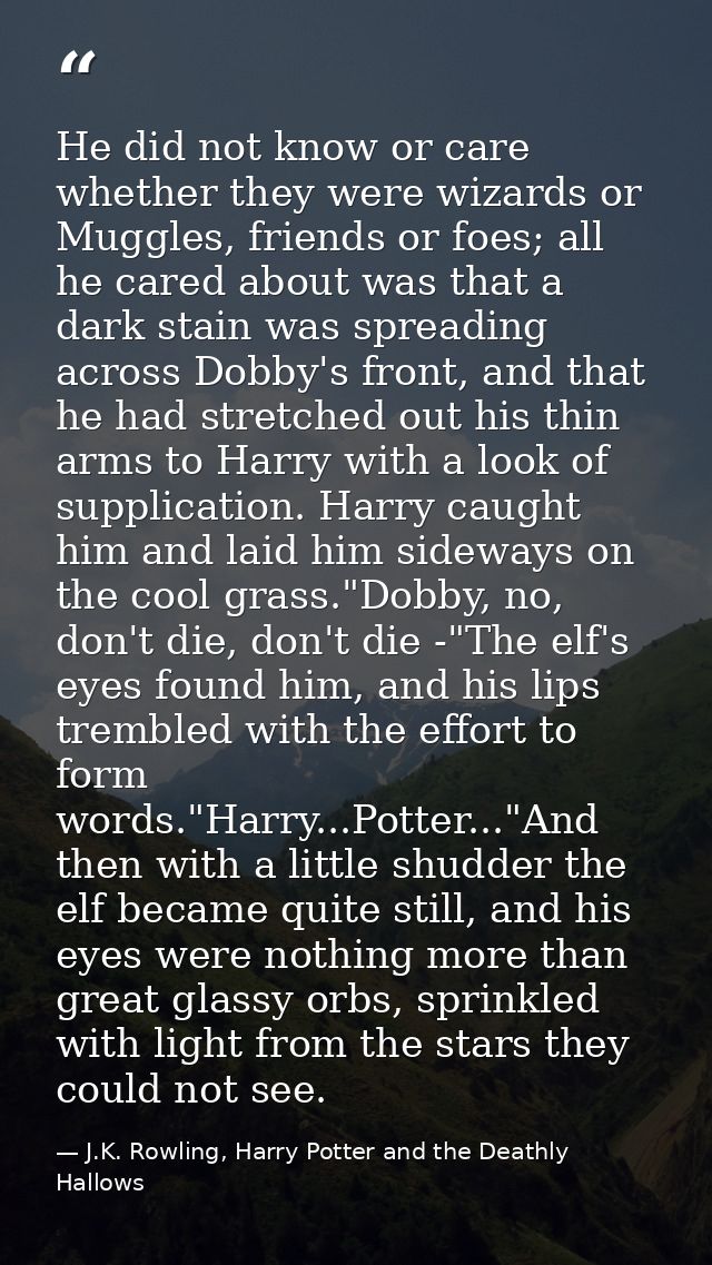 He did not know or care whether they were wizards or Muggles, friends or foes; all he cared about was that a dark stain  — J.K. Rowling, Harry Potter and the Deathly Hallows