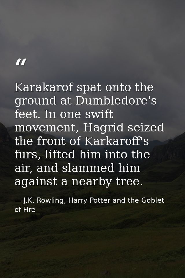 Karakarof spat onto the ground at Dumbledore's feet. In one swift movement, Hagrid seized the front of Karkaroff's furs, — J.K. Rowling, Harry Potter and the Goblet of Fire