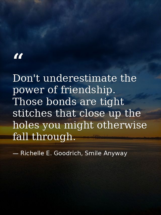 Don't underestimate the power of friendship. Those bonds are tight stitches that close up the holes you might otherwise  — Richelle E. Goodrich, Smile Anyway