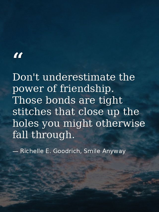Don't underestimate the power of friendship. Those bonds are tight stitches that close up the holes you might otherwise  — Richelle E. Goodrich, Smile Anyway