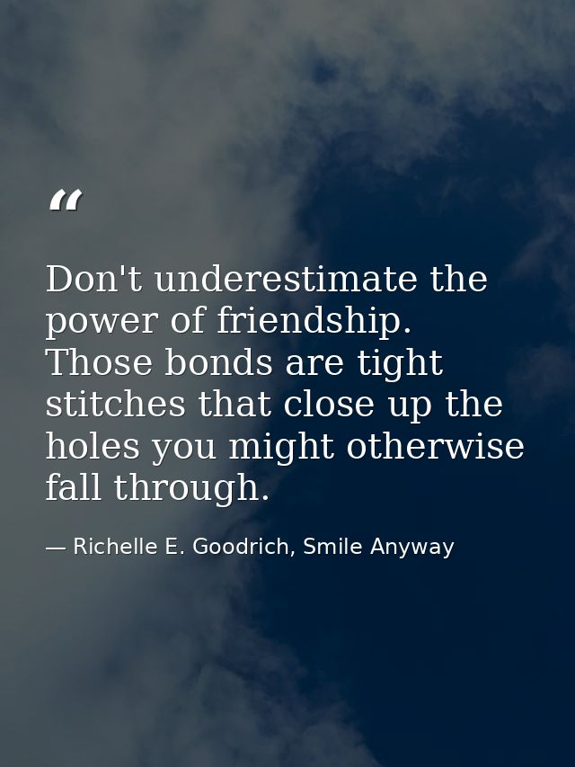 Don't underestimate the power of friendship. Those bonds are tight stitches that close up the holes you might otherwise  — Richelle E. Goodrich, Smile Anyway