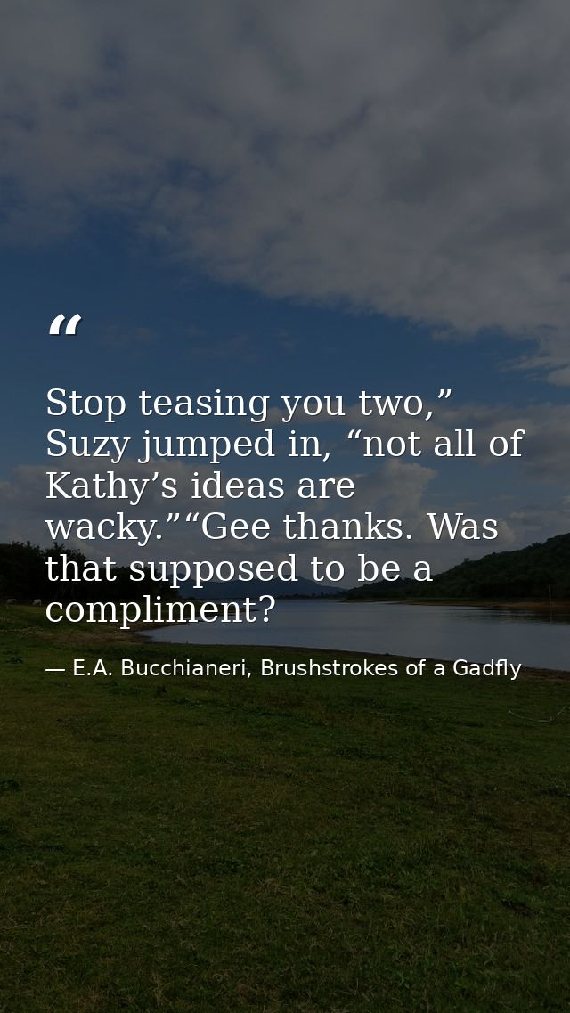Stop teasing you two,” Suzy jumped in, “not all of Kathy’s ideas are wacky.”“Gee thanks. Was that supposed to be a compl — E.A. Bucchianeri, Brushstrokes of a Gadfly