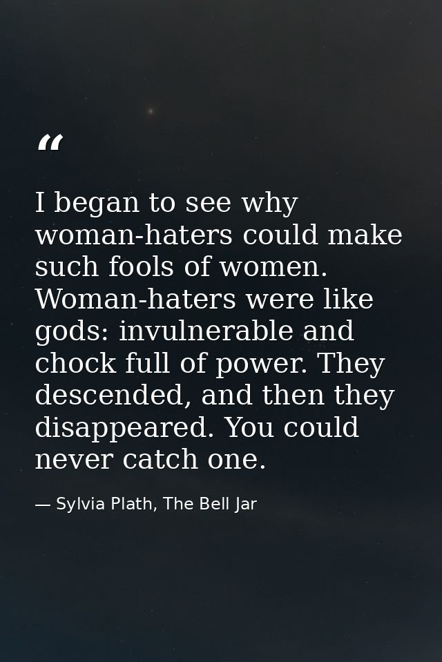 I began to see why woman-haters could make such fools of women. Woman-haters were like gods: invulnerable and chock full — Sylvia Plath, The Bell Jar