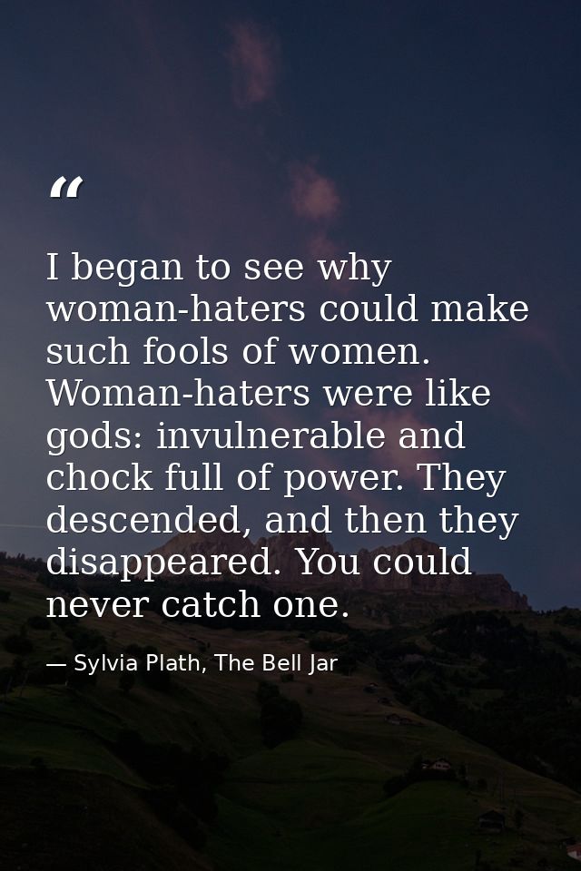 I began to see why woman-haters could make such fools of women. Woman-haters were like gods: invulnerable and chock full — Sylvia Plath, The Bell Jar