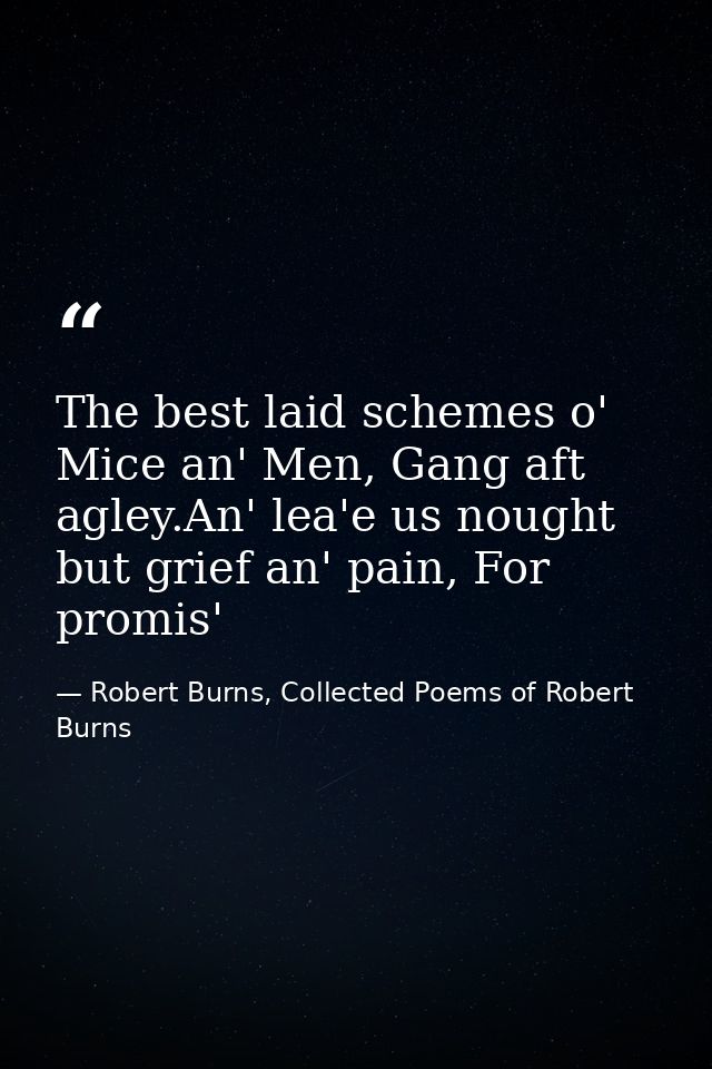 The best laid schemes o' Mice an' Men, Gang aft agley.An' lea'e us nought but grief an' pain, For promis' — Robert Burns, Collected Poems of Robert Burns