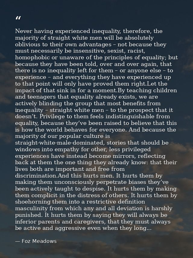 Never having experienced inequality, therefore, the majority of straight white men will be absolutely oblivious to their — Foz Meadows