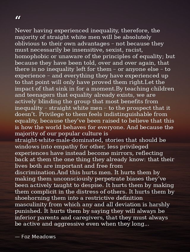 Never having experienced inequality, therefore, the majority of straight white men will be absolutely oblivious to their — Foz Meadows