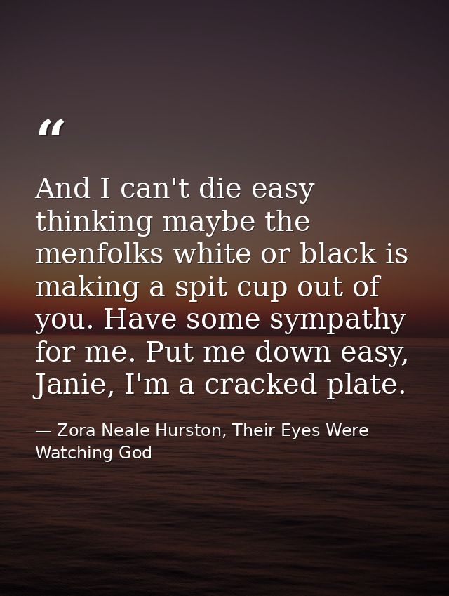 And I can't die easy thinking maybe the menfolks white or black is making a spit cup out of you. Have some sympathy for  — Zora Neale Hurston, Their Eyes Were Watching God