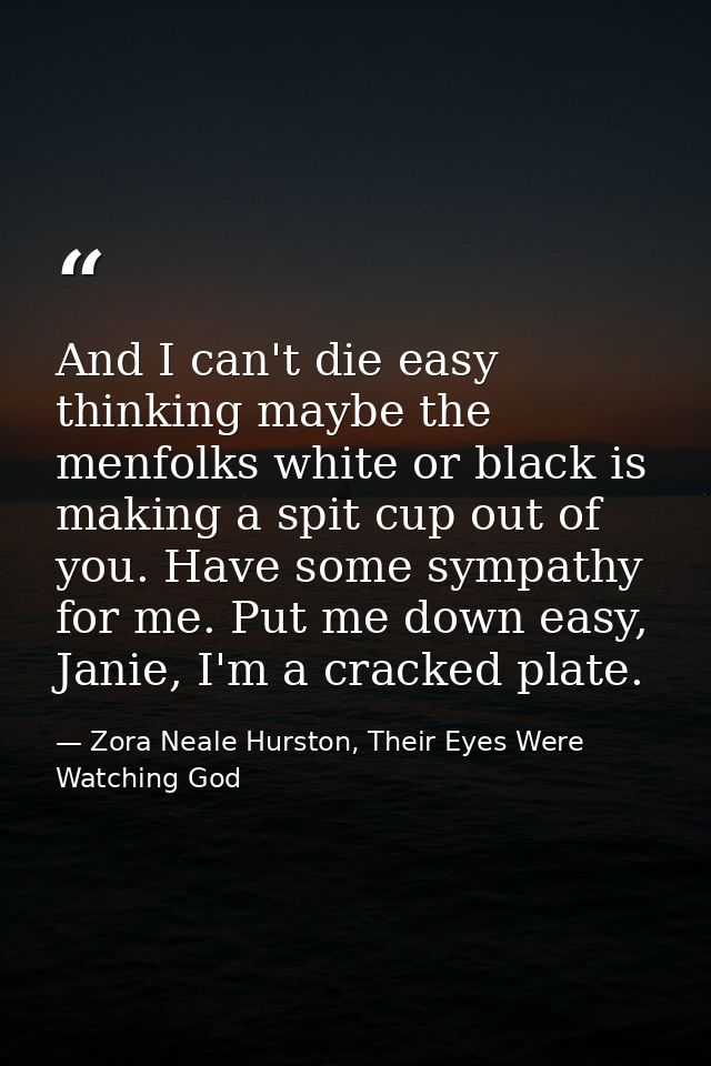 And I can't die easy thinking maybe the menfolks white or black is making a spit cup out of you. Have some sympathy for  — Zora Neale Hurston, Their Eyes Were Watching God