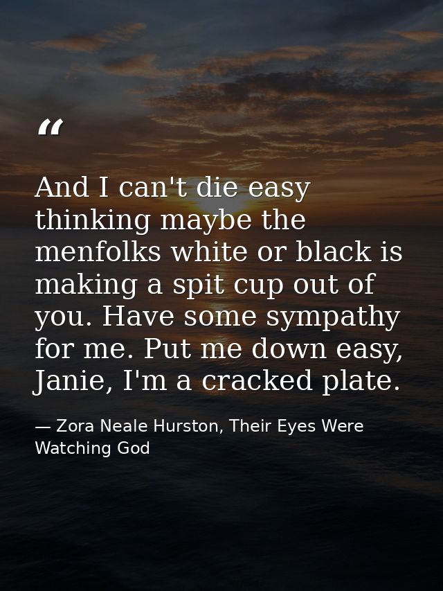And I can't die easy thinking maybe the menfolks white or black is making a spit cup out of you. Have some sympathy for  — Zora Neale Hurston, Their Eyes Were Watching God