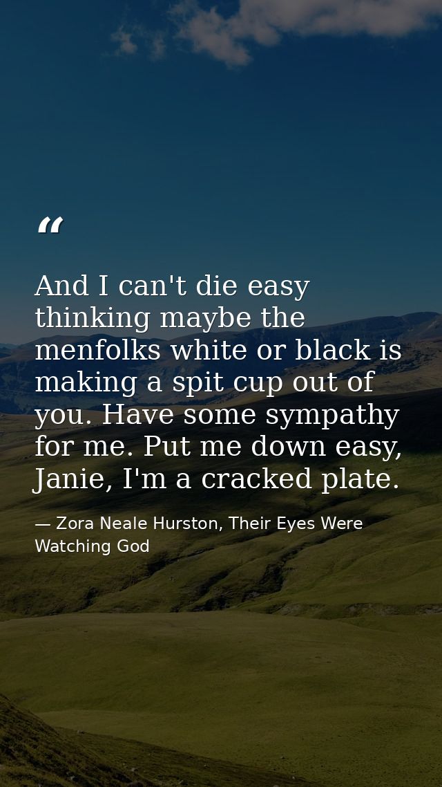 And I can't die easy thinking maybe the menfolks white or black is making a spit cup out of you. Have some sympathy for  — Zora Neale Hurston, Their Eyes Were Watching God