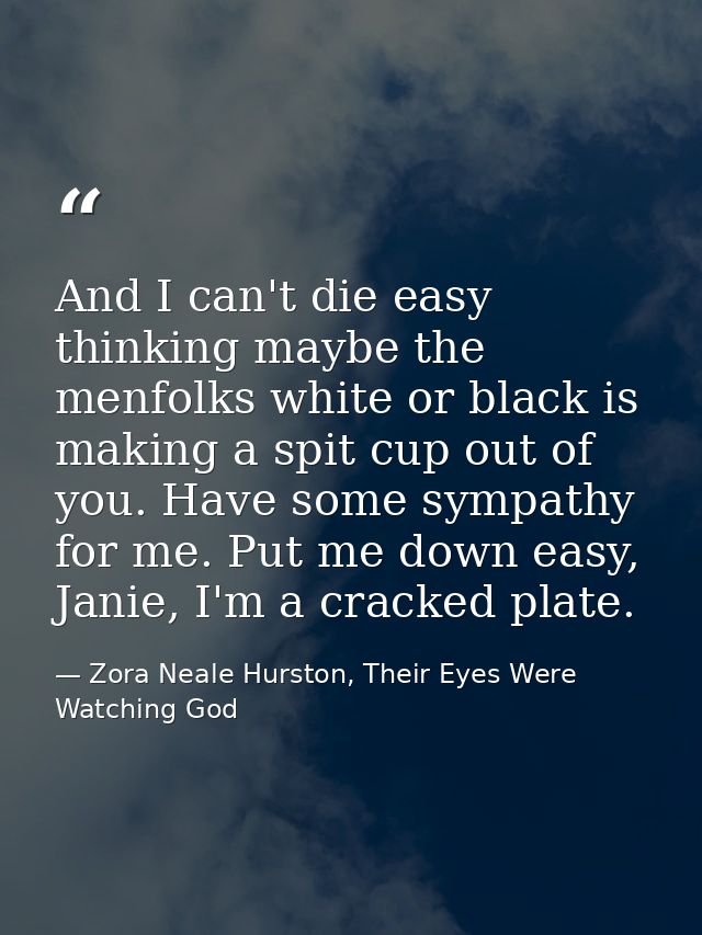 And I can't die easy thinking maybe the menfolks white or black is making a spit cup out of you. Have some sympathy for  — Zora Neale Hurston, Their Eyes Were Watching God