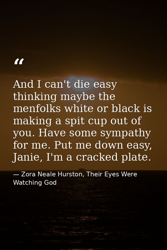 And I can't die easy thinking maybe the menfolks white or black is making a spit cup out of you. Have some sympathy for  — Zora Neale Hurston, Their Eyes Were Watching God