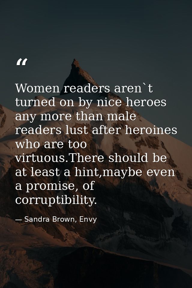 Women readers aren`t turned on by nice heroes any more than male readers lust after heroines who are too virtuous.There  — Sandra Brown, Envy