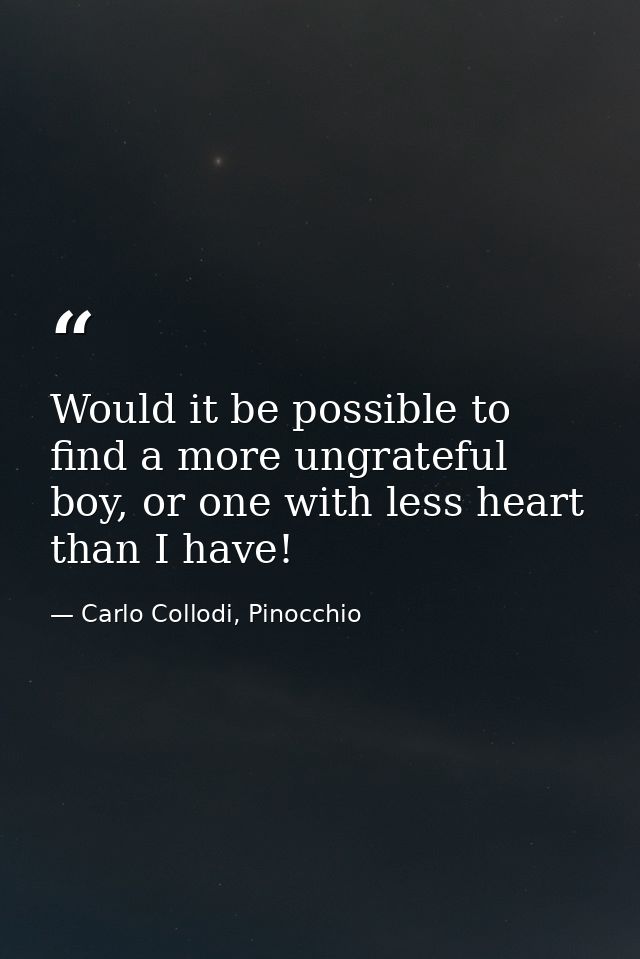 Would it be possible to find a more ungrateful boy, or one with less heart than I have! — Carlo Collodi, Pinocchio