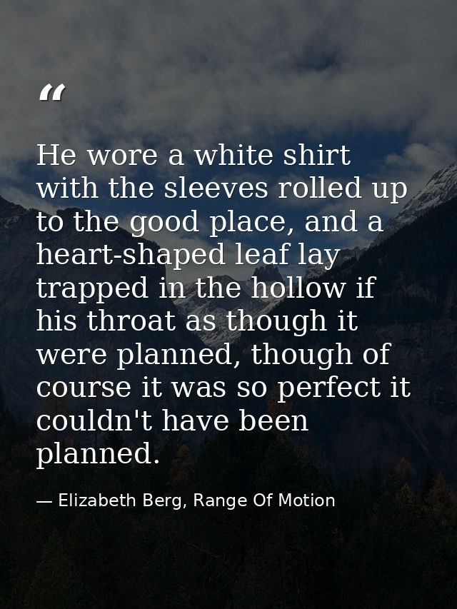 He wore a white shirt with the sleeves rolled up to the good place, and a heart-shaped leaf lay trapped in the hollow if — Elizabeth Berg, Range Of Motion