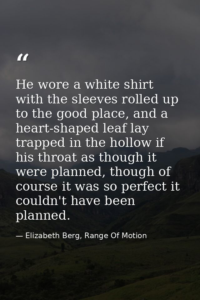He wore a white shirt with the sleeves rolled up to the good place, and a heart-shaped leaf lay trapped in the hollow if — Elizabeth Berg, Range Of Motion