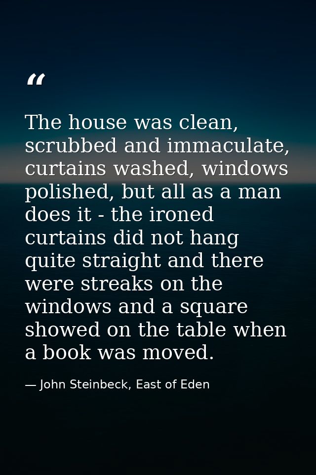The house was clean, scrubbed and immaculate, curtains washed, windows polished, but all as a man does it - the ironed c — John Steinbeck, East of Eden