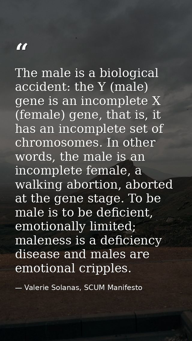 The male is a biological accident: the Y (male) gene is an incomplete X (female) gene, that is, it has an incomplete set — Valerie Solanas, SCUM Manifesto