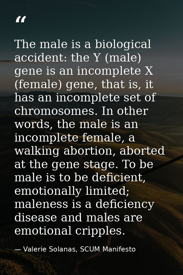 The male is a biological accident: the Y (male) gene is an incomplete X (female) gene, that is, it has an incomplete set — Valerie Solanas, SCUM Manifesto