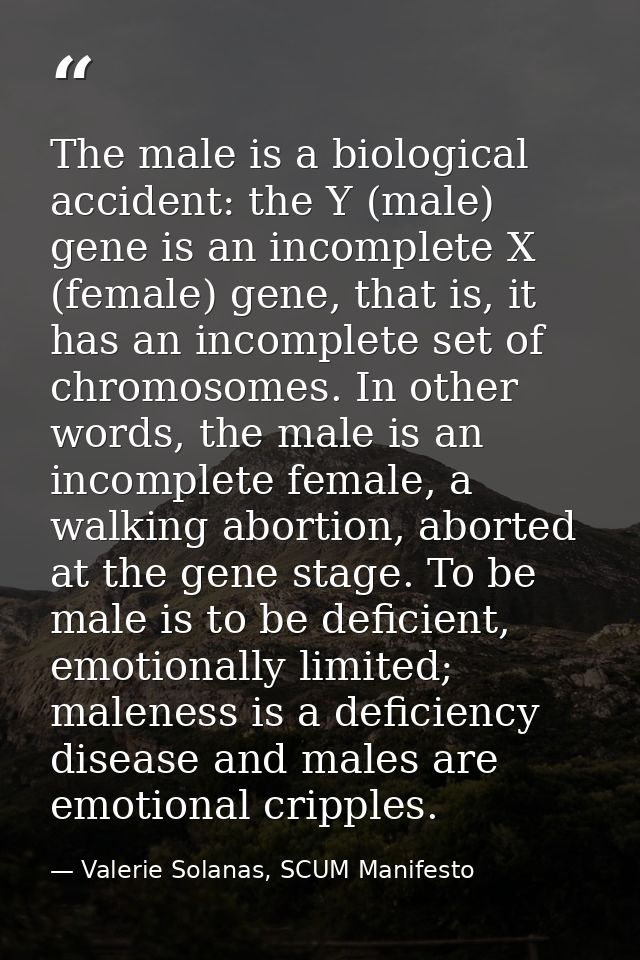 The male is a biological accident: the Y (male) gene is an incomplete X (female) gene, that is, it has an incomplete set — Valerie Solanas, SCUM Manifesto