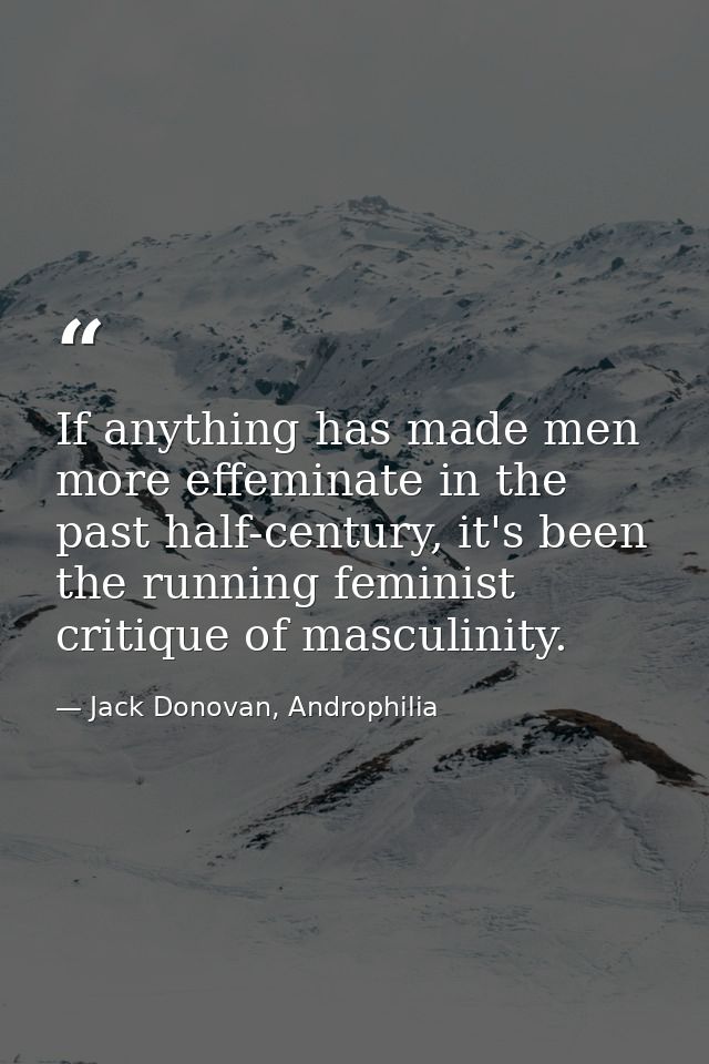 If anything has made men more effeminate in the past half-century, it's been the running feminist critique of masculinit — Jack Donovan, Androphilia