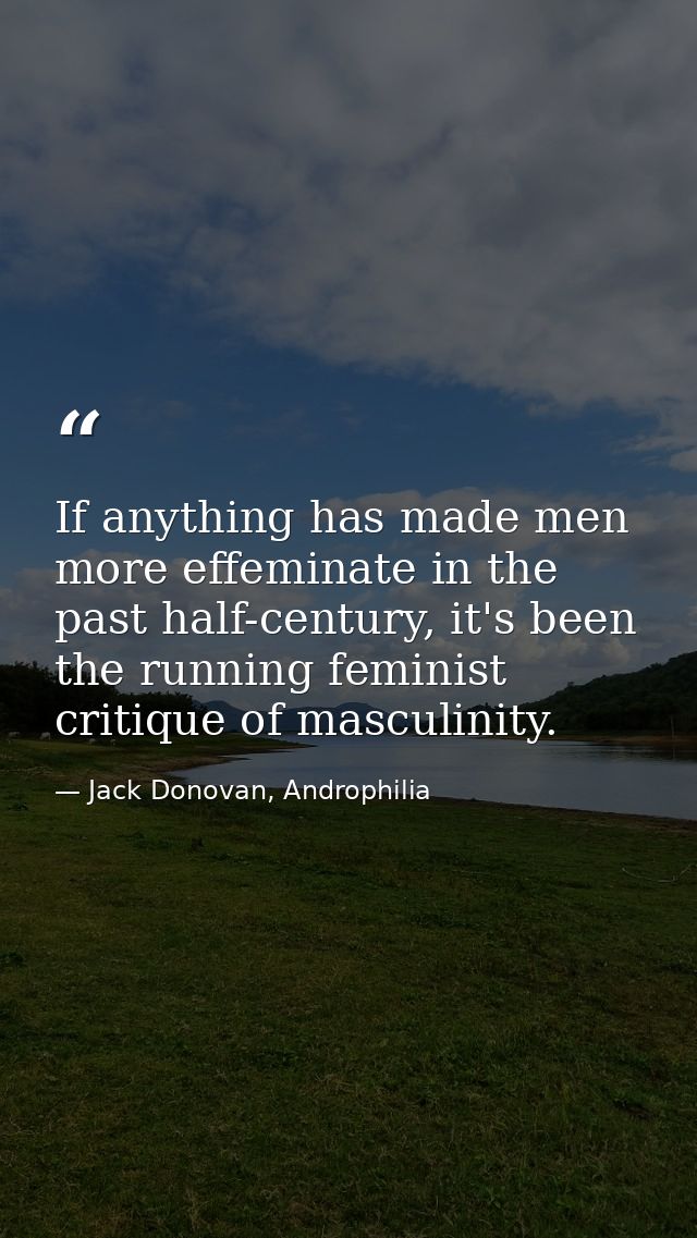 If anything has made men more effeminate in the past half-century, it's been the running feminist critique of masculinit — Jack Donovan, Androphilia