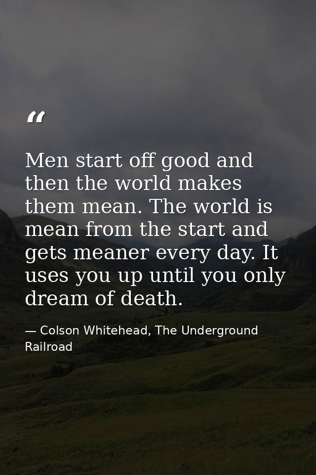 Men start off good and then the world makes them mean. The world is mean from the start and gets meaner every day. It us — Colson Whitehead, The Underground Railroad