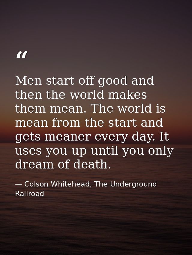 Men start off good and then the world makes them mean. The world is mean from the start and gets meaner every day. It us — Colson Whitehead, The Underground Railroad