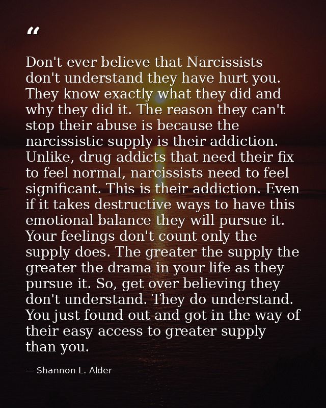 Don't ever believe that Narcissists don't understand they have hurt you. They know exactly what they did and why they di — Shannon L. Alder