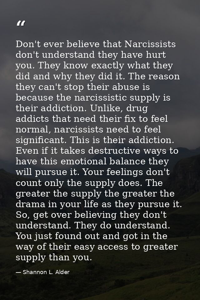 Don't ever believe that Narcissists don't understand they have hurt you. They know exactly what they did and why they di — Shannon L. Alder
