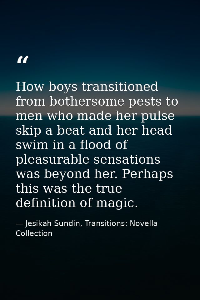 How boys transitioned from bothersome pests to men who made her pulse skip a beat and her head swim in a flood of pleasu — Jesikah Sundin, Transitions: Novella Collection