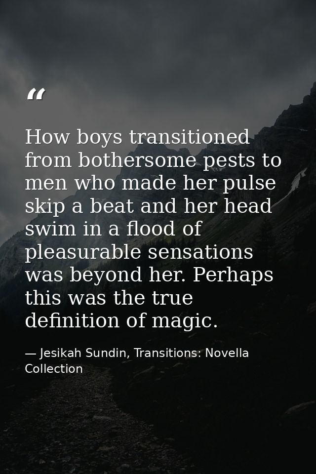 How boys transitioned from bothersome pests to men who made her pulse skip a beat and her head swim in a flood of pleasu — Jesikah Sundin, Transitions: Novella Collection