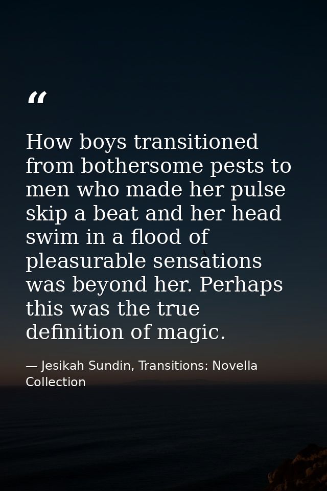 How boys transitioned from bothersome pests to men who made her pulse skip a beat and her head swim in a flood of pleasu — Jesikah Sundin, Transitions: Novella Collection