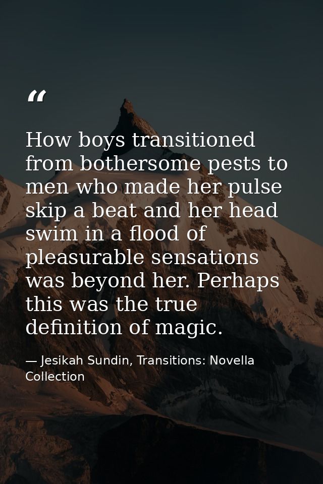 How boys transitioned from bothersome pests to men who made her pulse skip a beat and her head swim in a flood of pleasu — Jesikah Sundin, Transitions: Novella Collection