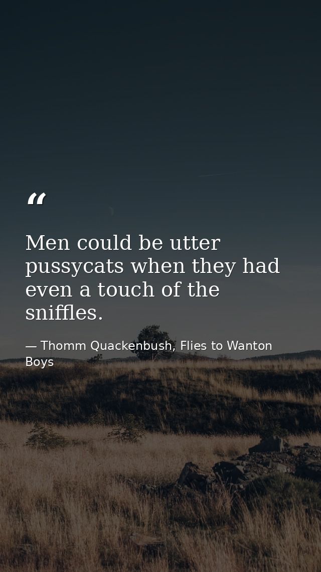 Men could be utter pussycats when they had even a touch of the sniffles. — Thomm Quackenbush, Flies to Wanton Boys