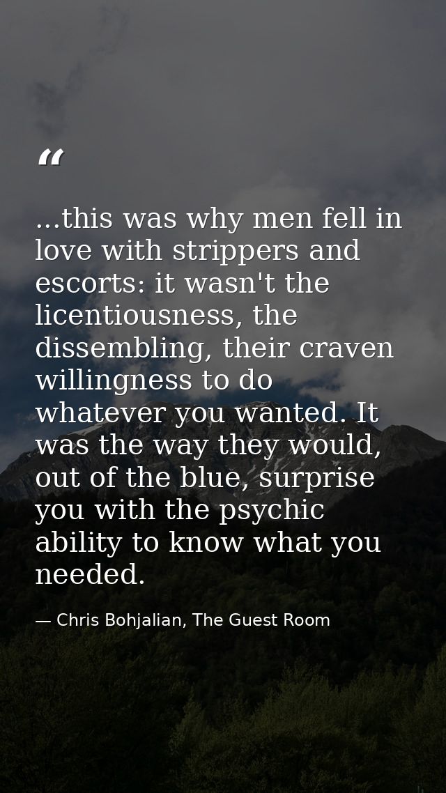 ...this was why men fell in love with strippers and escorts: it wasn't the licentiousness, the dissembling, their craven — Chris Bohjalian, The Guest Room