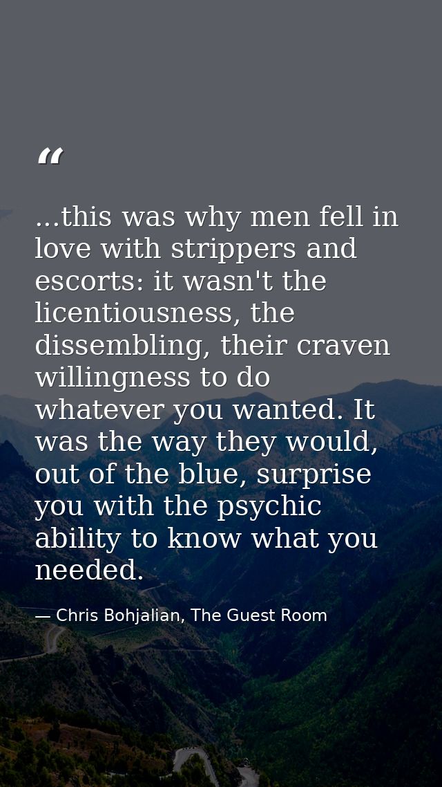 ...this was why men fell in love with strippers and escorts: it wasn't the licentiousness, the dissembling, their craven — Chris Bohjalian, The Guest Room