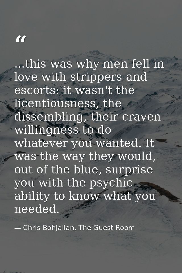 ...this was why men fell in love with strippers and escorts: it wasn't the licentiousness, the dissembling, their craven — Chris Bohjalian, The Guest Room