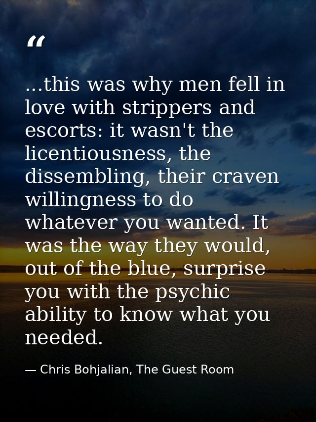 ...this was why men fell in love with strippers and escorts: it wasn't the licentiousness, the dissembling, their craven — Chris Bohjalian, The Guest Room
