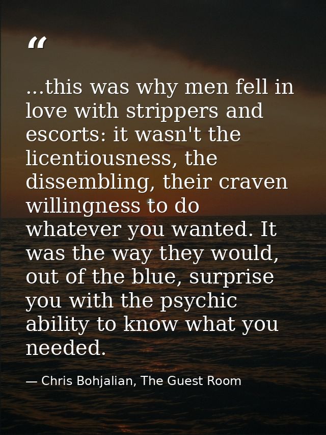 ...this was why men fell in love with strippers and escorts: it wasn't the licentiousness, the dissembling, their craven — Chris Bohjalian, The Guest Room