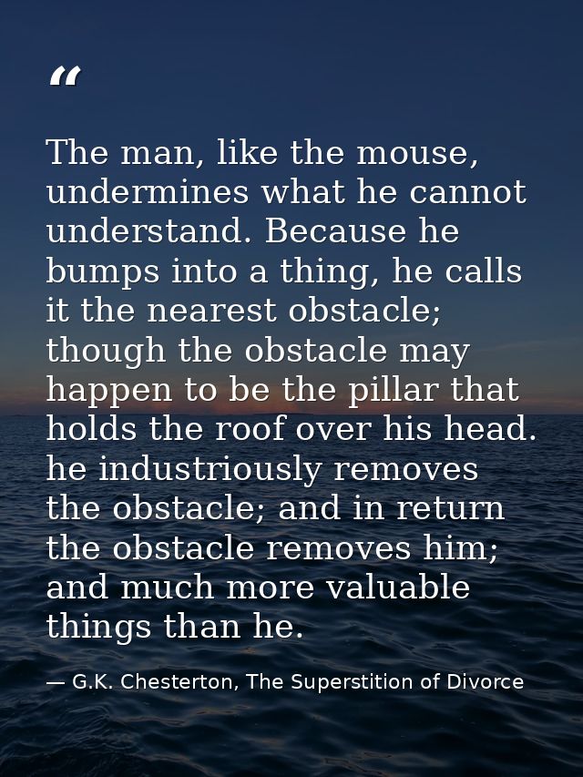 The man, like the mouse, undermines what he cannot understand. Because he bumps into a thing, he calls it the nearest ob — G.K. Chesterton, The Superstition of Divorce