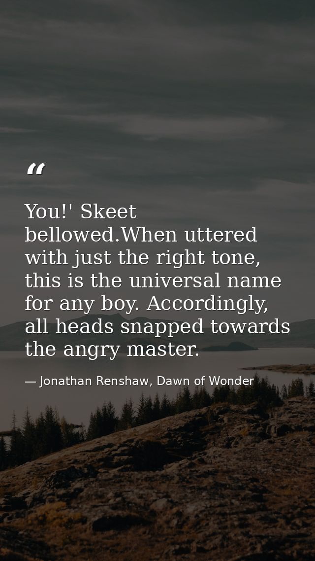 You!' Skeet bellowed.When uttered with just the right tone, this is the universal name for any boy. Accordingly, all hea — Jonathan Renshaw, Dawn of Wonder