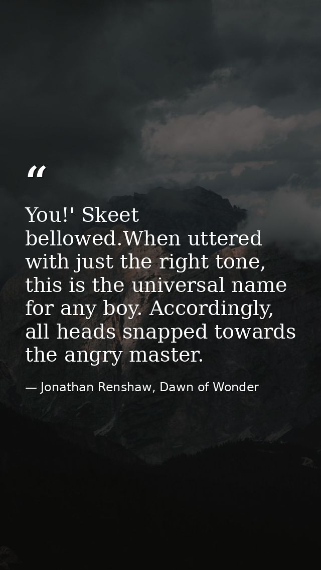 You!' Skeet bellowed.When uttered with just the right tone, this is the universal name for any boy. Accordingly, all hea — Jonathan Renshaw, Dawn of Wonder